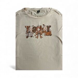 Beige Graphic Tee with Pumpkin Design